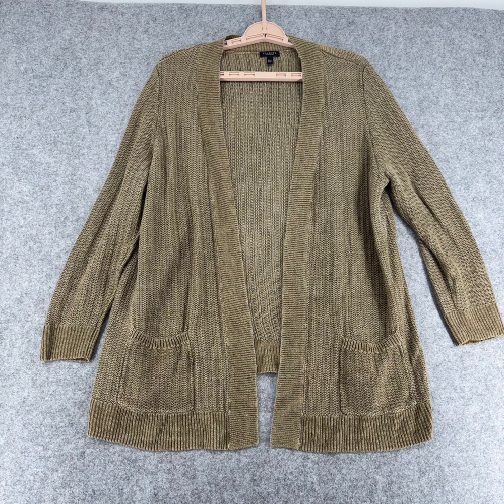 Talbots Woman Petites 100% Linen Open Front Cardigan Sweater Olive Green 2XP